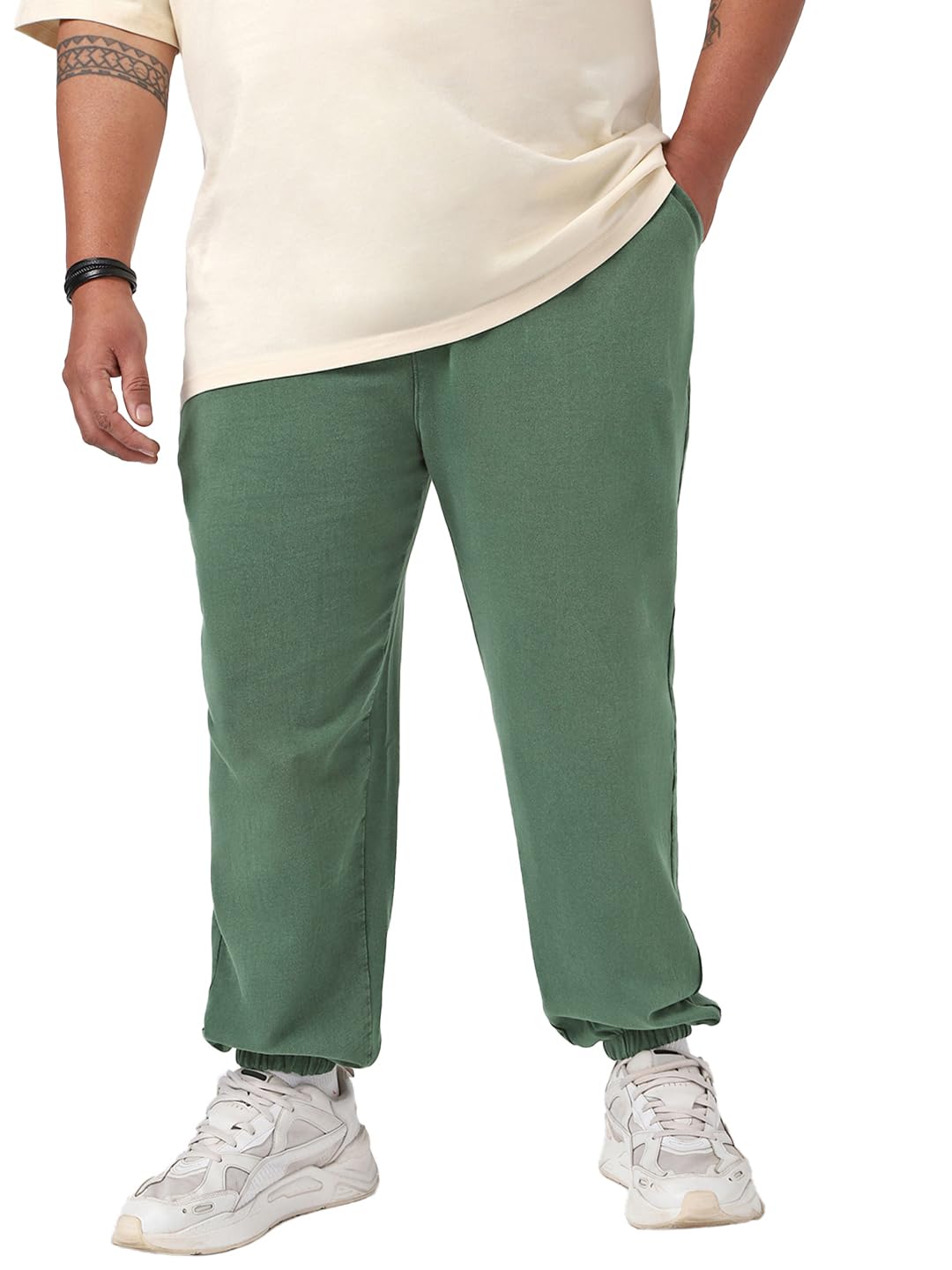 Bewakoof Air 1.0 Mens Self Design Oversized Fit Cotton Terry Plus Size Joggers_646439_Green_6XL