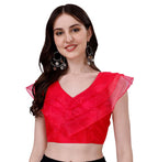 Pujia Mills Womens V Neck Orgenza Three Layer Ruffle Sleeve Frill Readymade Saree Blouse