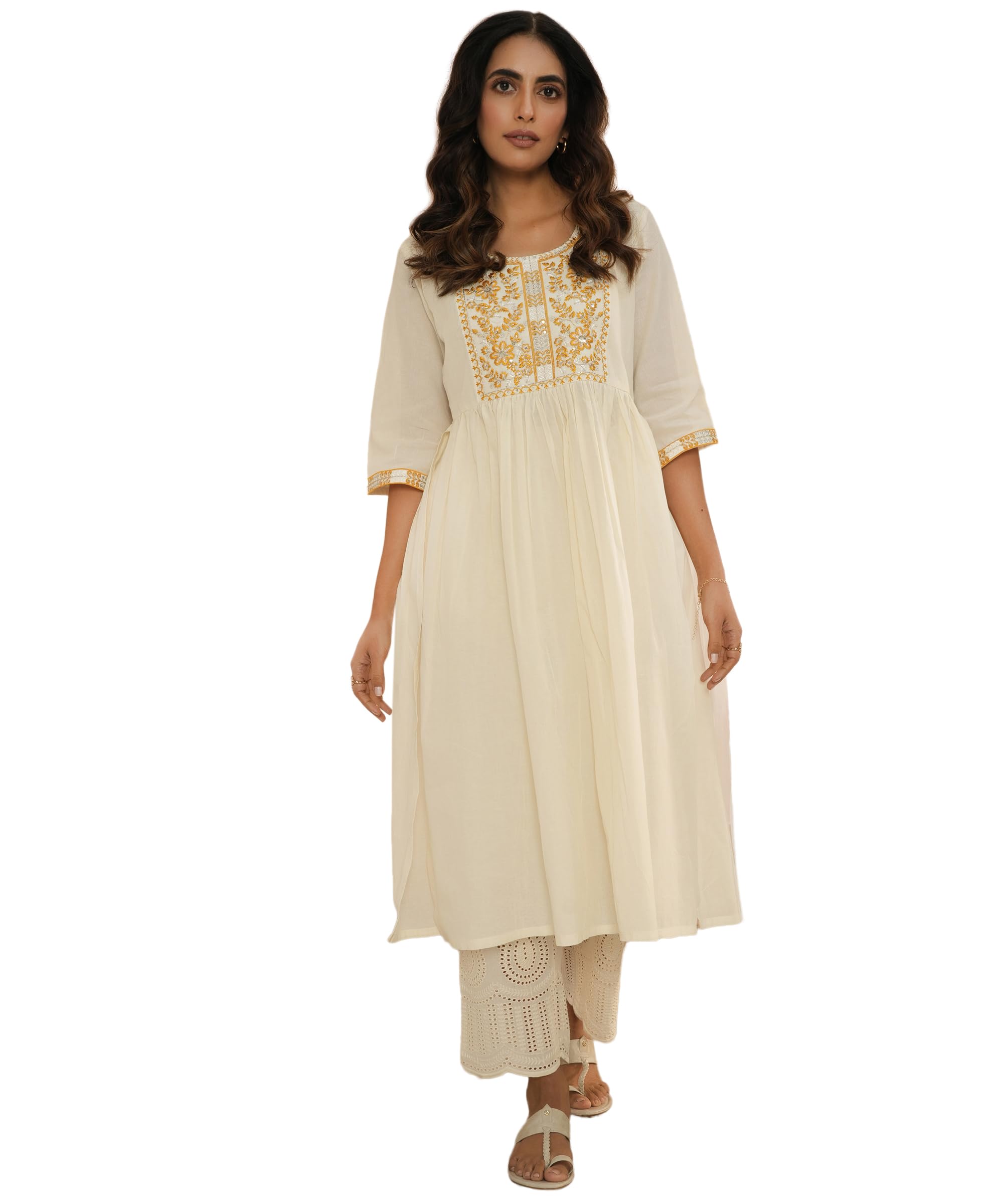 Libas WomenS Cotton Printed Regular Fit A-Line Kurta (26725_Off White, Medium