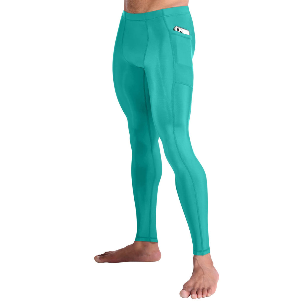 CompressionZ Men's Compression Pants Base Layer Running Tights Mens Leggings for Sports (Green w/Pockets, L)