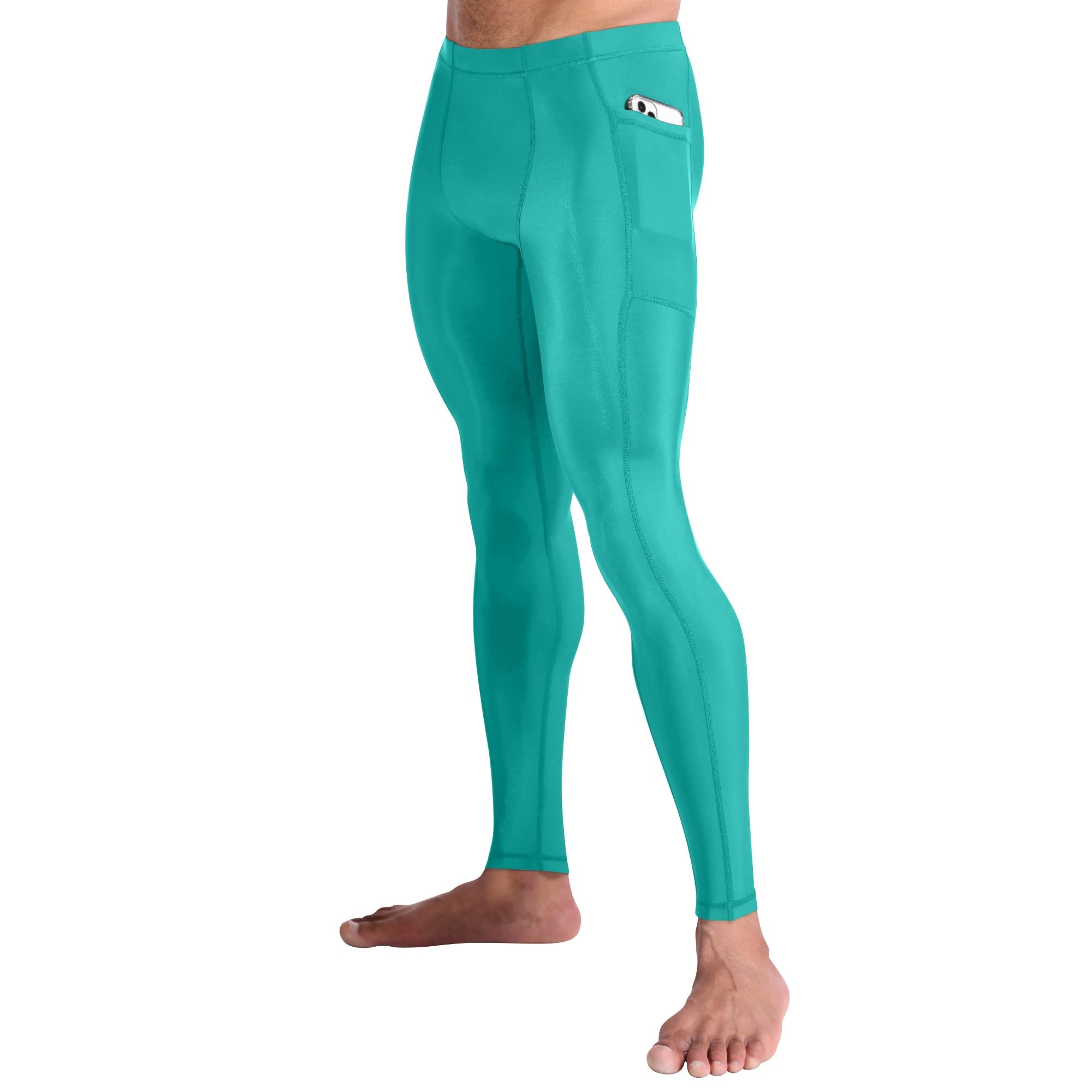 CompressionZ Men's Compression Pants Base Layer Running Tights Mens Leggings for Sports (Green w/Pockets, L)