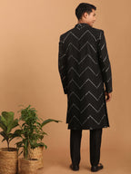 VASTRAMAY Mens Black Viscose Sherwani Set | Set Of Layered Mirror Work Front Open Sherwani Set With Pant Style Pyjama