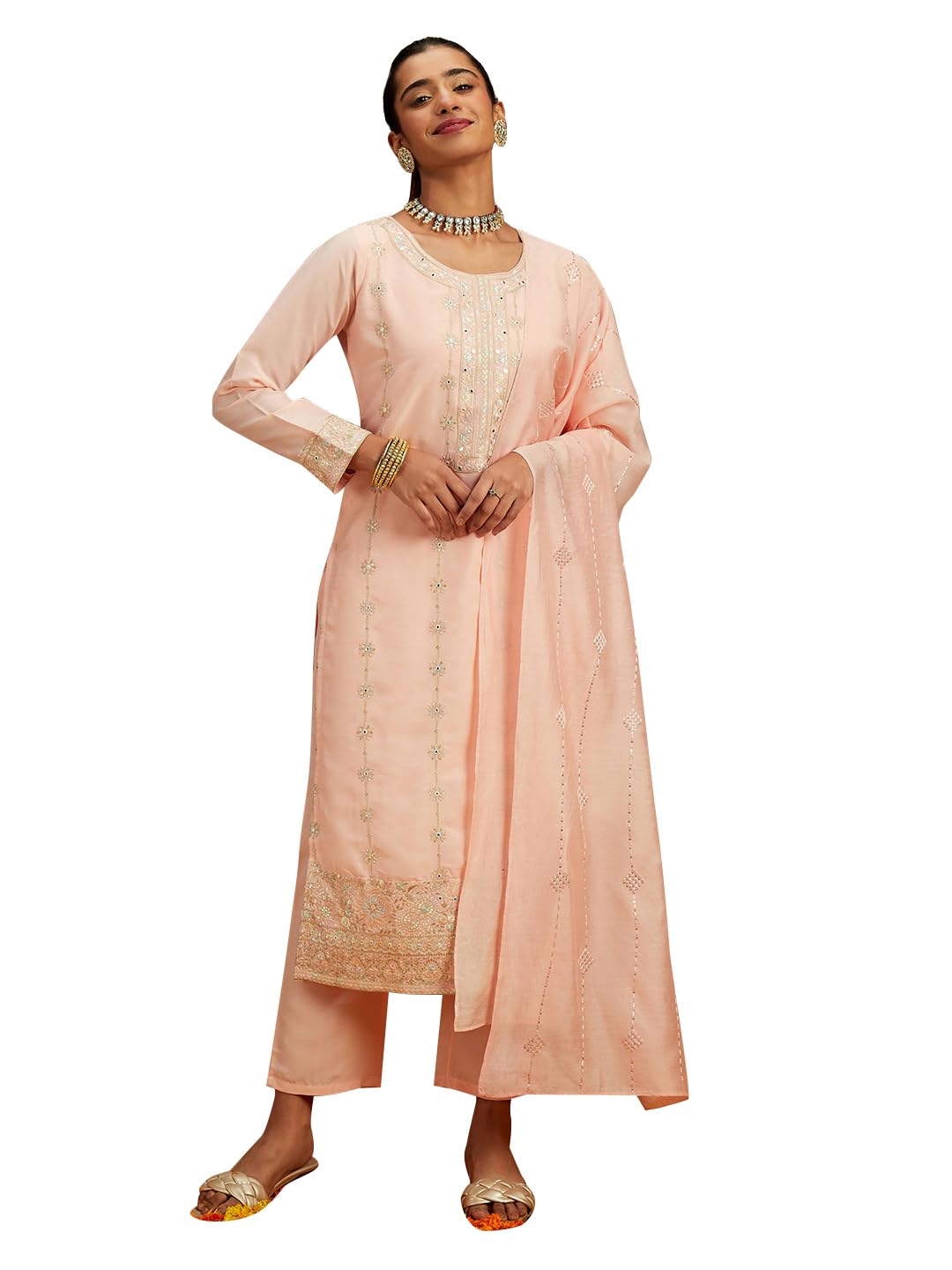 Libas Womens Embroidered Silk Straight Kurta With Trousers And Dupatta
