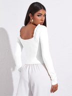 AVANOVA Womens & Girls White Full Sleeve, Sweat Hear Neck, Frill Trim Ruched Crop Top for Women, Tops, T-Shirts for Girls (TOP