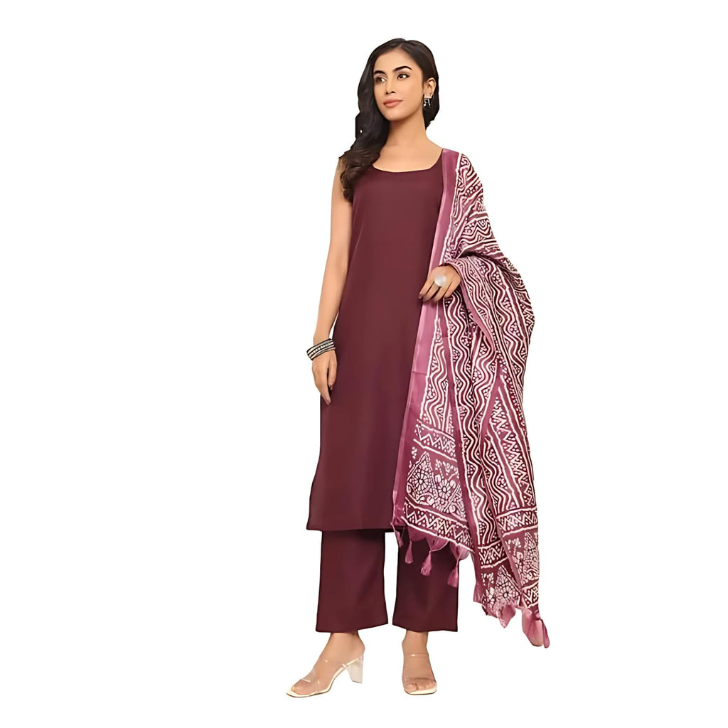 Varanga WomenS Violet Strap Kurta With Tonal Bottom & Printed Dupatta  Round Neck, Side Slit Design, Stylish & Comfortable