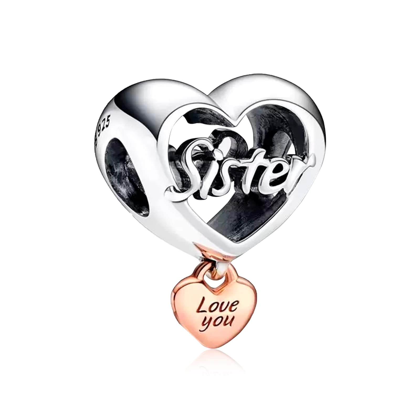 Annmors Forever Sister Love Heart Dangle Charm-925 Sterling Silver Love Sister Dangle fit European Bracelet&Necklace,Christmas H
