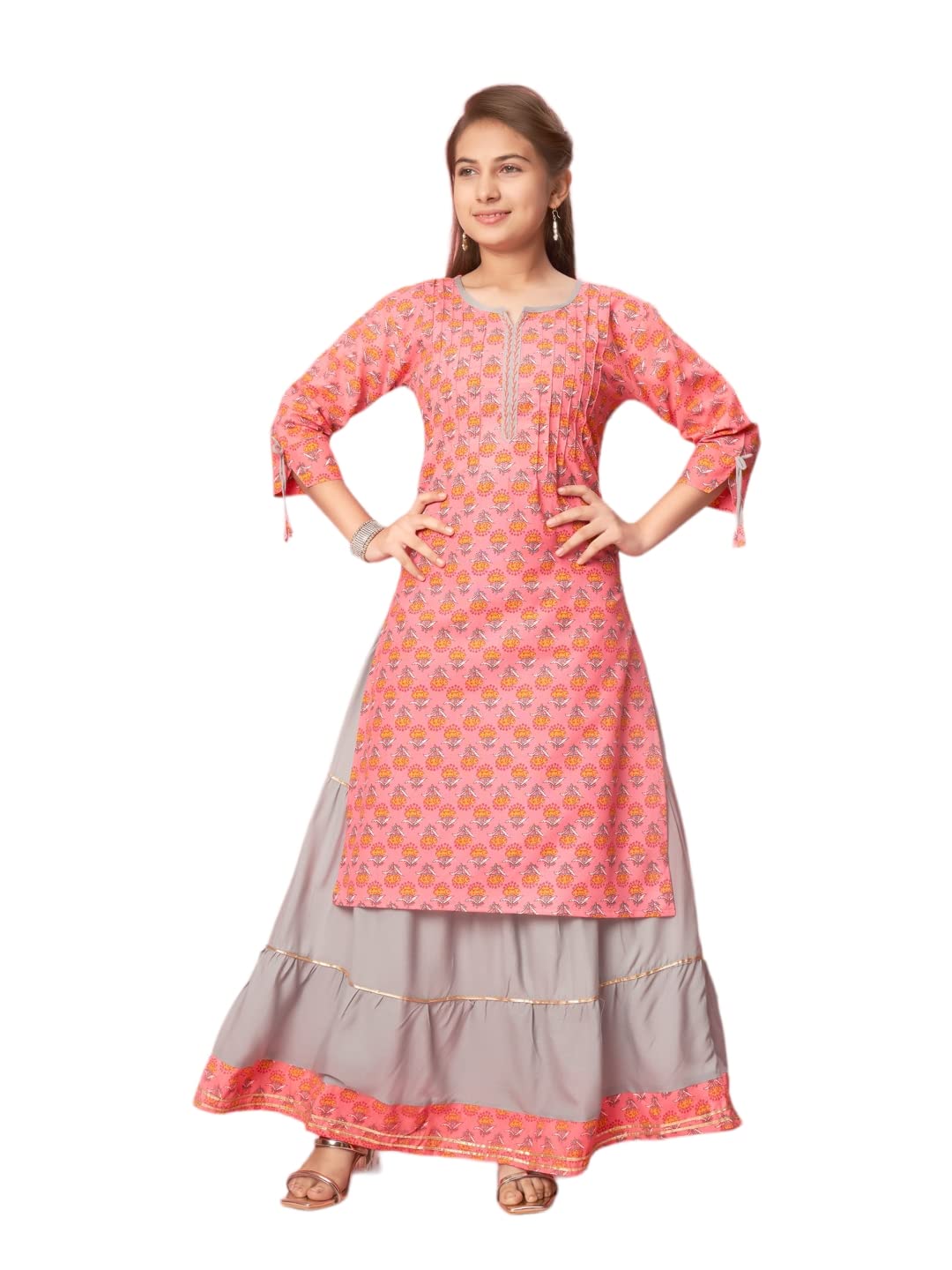 Aarika GirlS Cotton Kurti Skirt Set (New_Ks-Gh-K-480_Gajri-Grey
