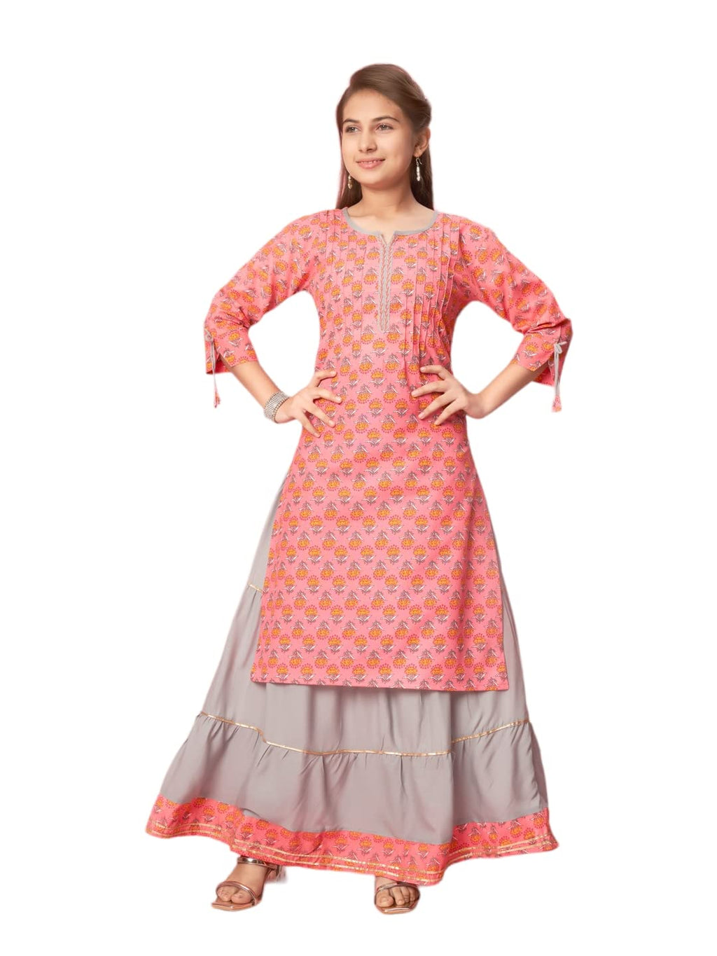 Aarika Girl'S Cotton Kurti Skirt Set (New_Ks-Gh-K-480_Gajri-Grey
