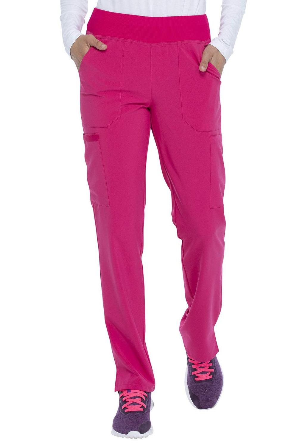 Dickies Women's Scrub Pants Natural Rise Tapered Leg Pull-On Bottoms with 7 Pockets and Knit Waistband DK005P, L Petite, Hot Pin
