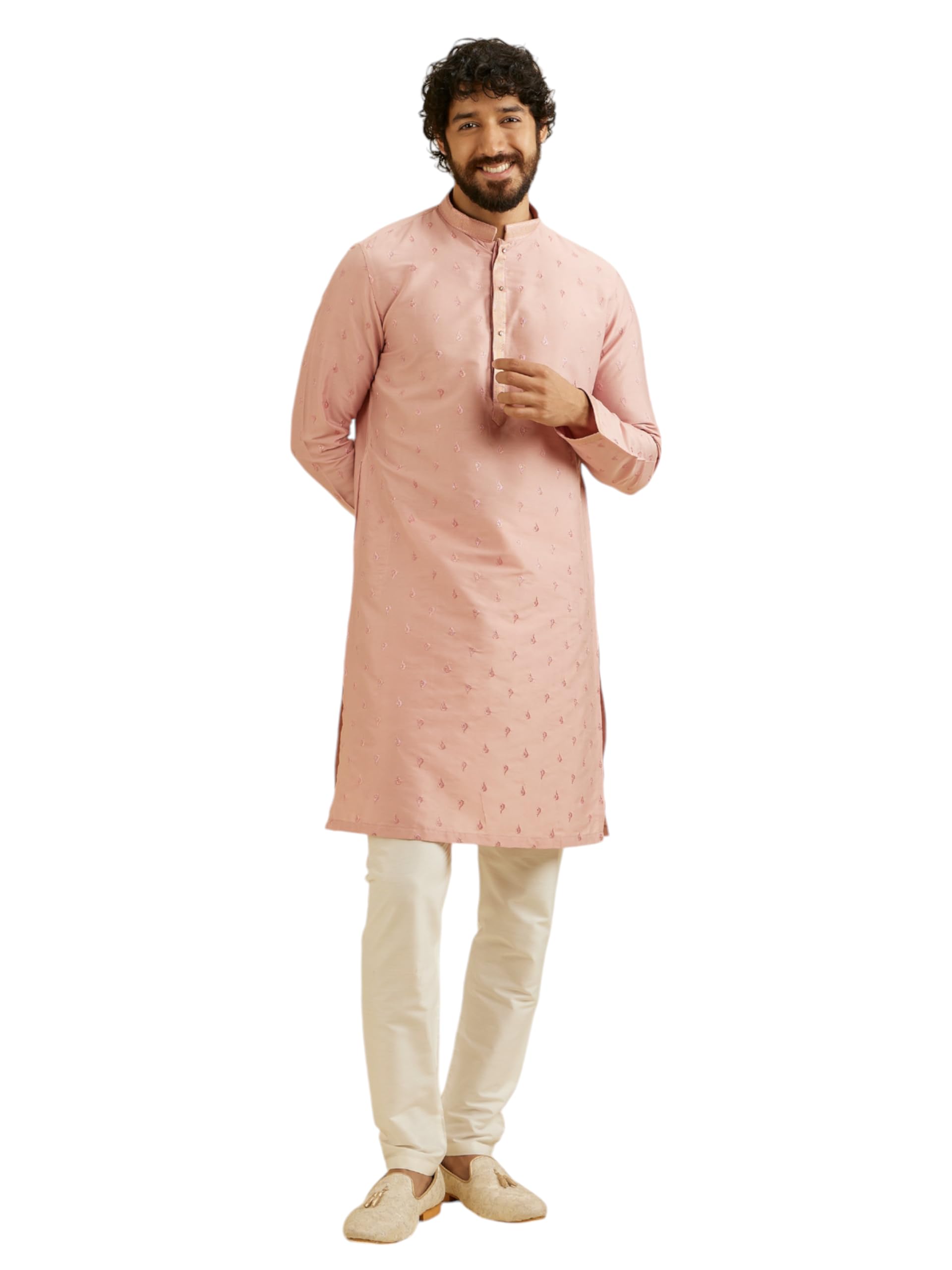 Manyavar Mens Viscose Blend Embroidered Kurta Set (Pink,XL)