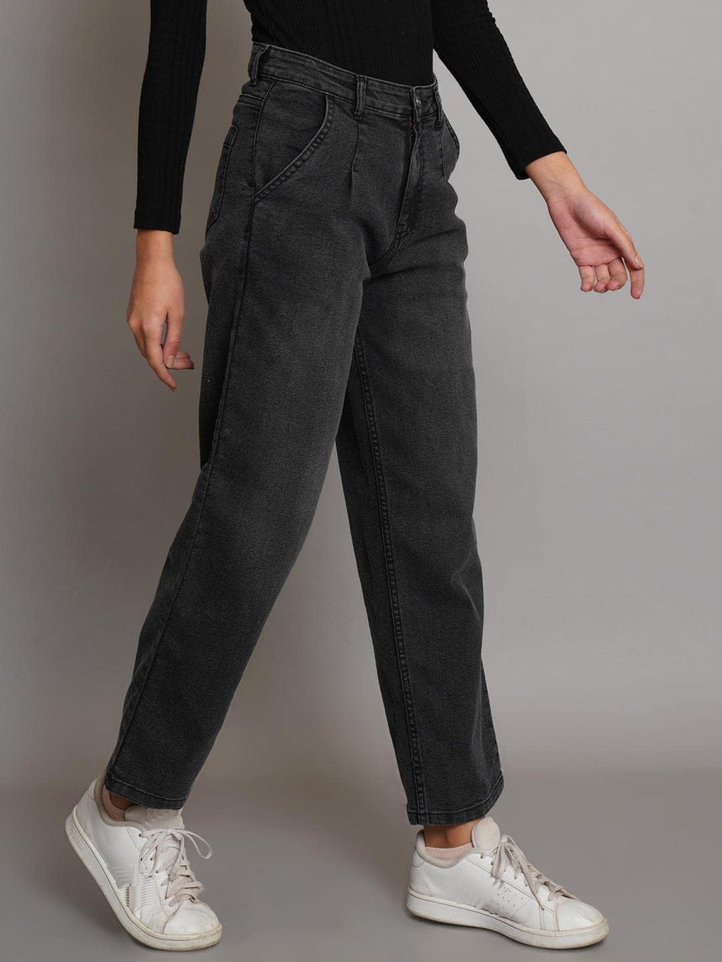 Kotty WomenS High Rise Cotton Lycra Blend Ankle Length Relaxed Fit Jeans Jade Black