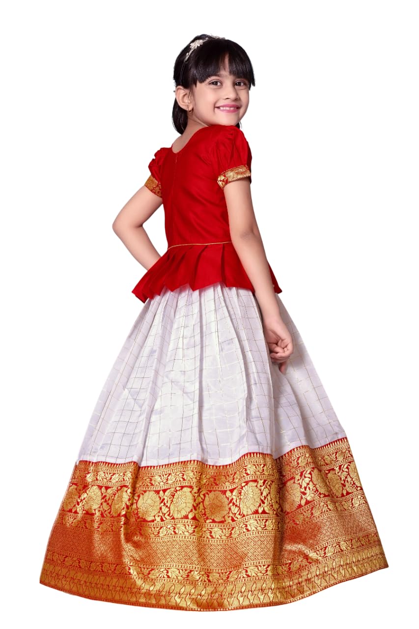 White Button New Latest GirlS Pattu Pavadai Readymade Lehenga Choli For Girls Dress
