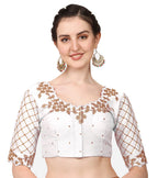 Pujia Mills Womens Embroidery Handwork, Rough Cut Work Stone Work Readymade Blouse (38, White)