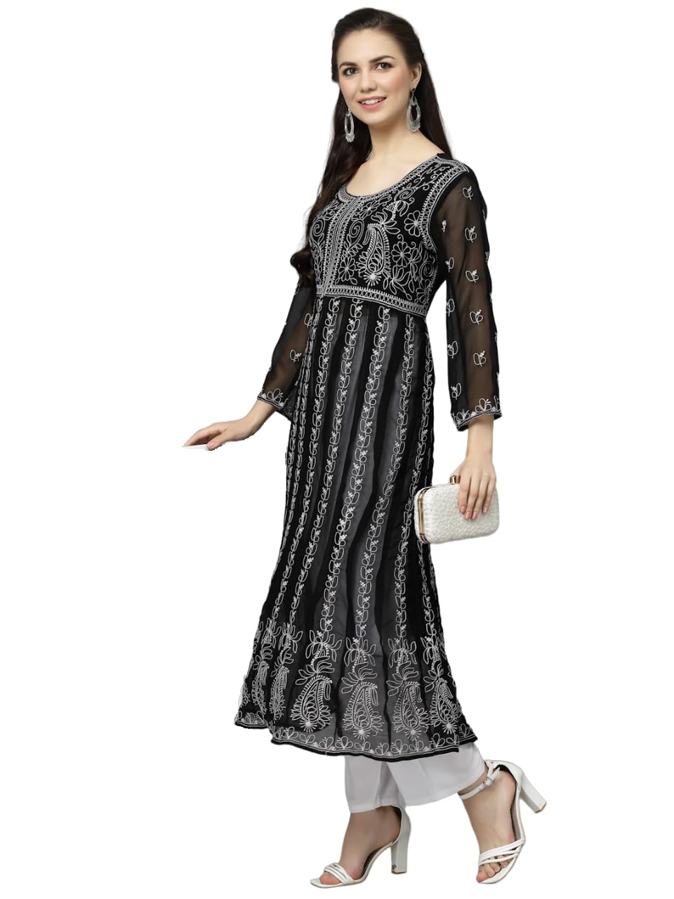 Yashika Floral Regular Women's Chikankari Black Color Long Sleeve Embroidered Anarkali Nayra Kurta(YS-K1112-XL) (YS-K1112-P