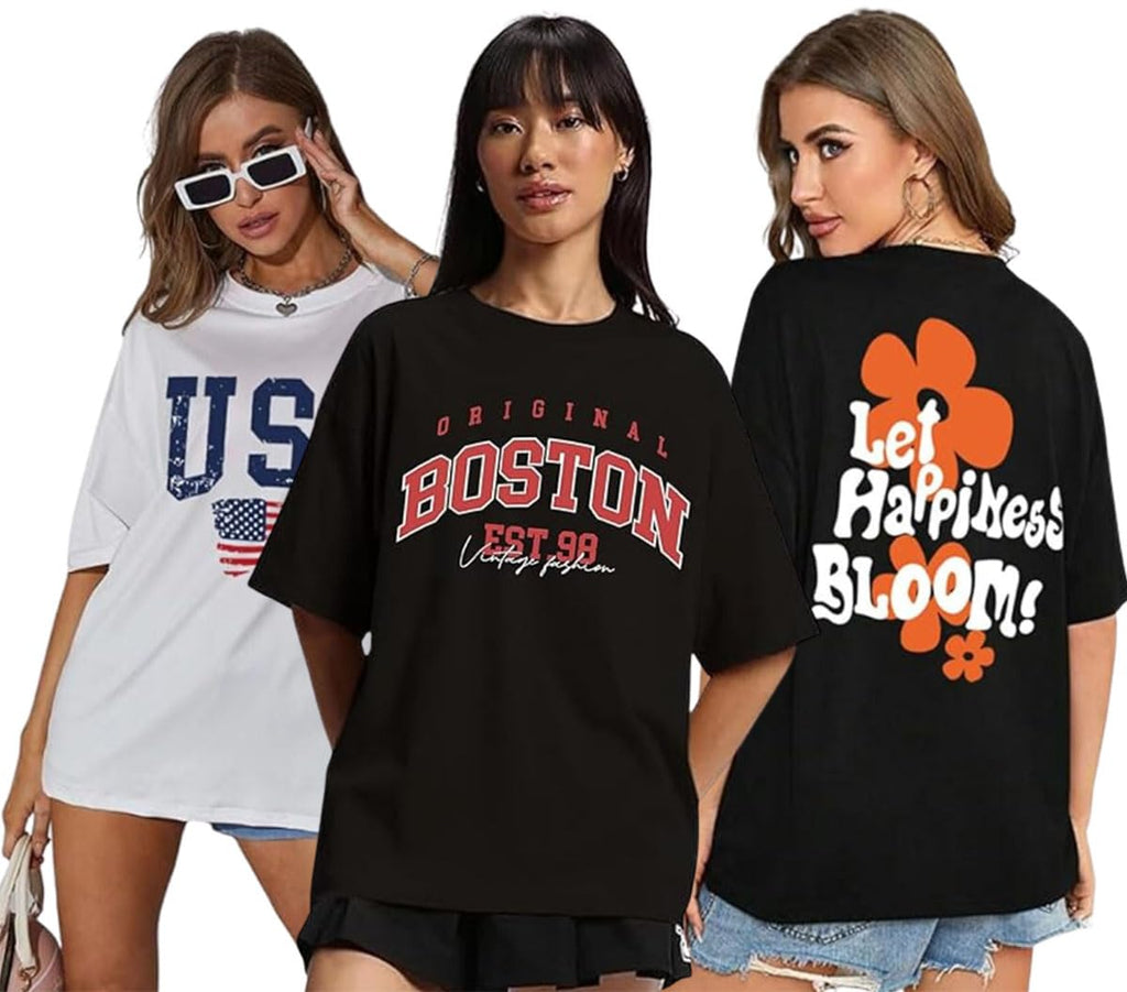 Juneberry Pure Cotton Oversized Loose Baggy Fit Drop Shoulder Half Sleeve Cool Front & Back Graphic Printed Round Neck T-Shirt F