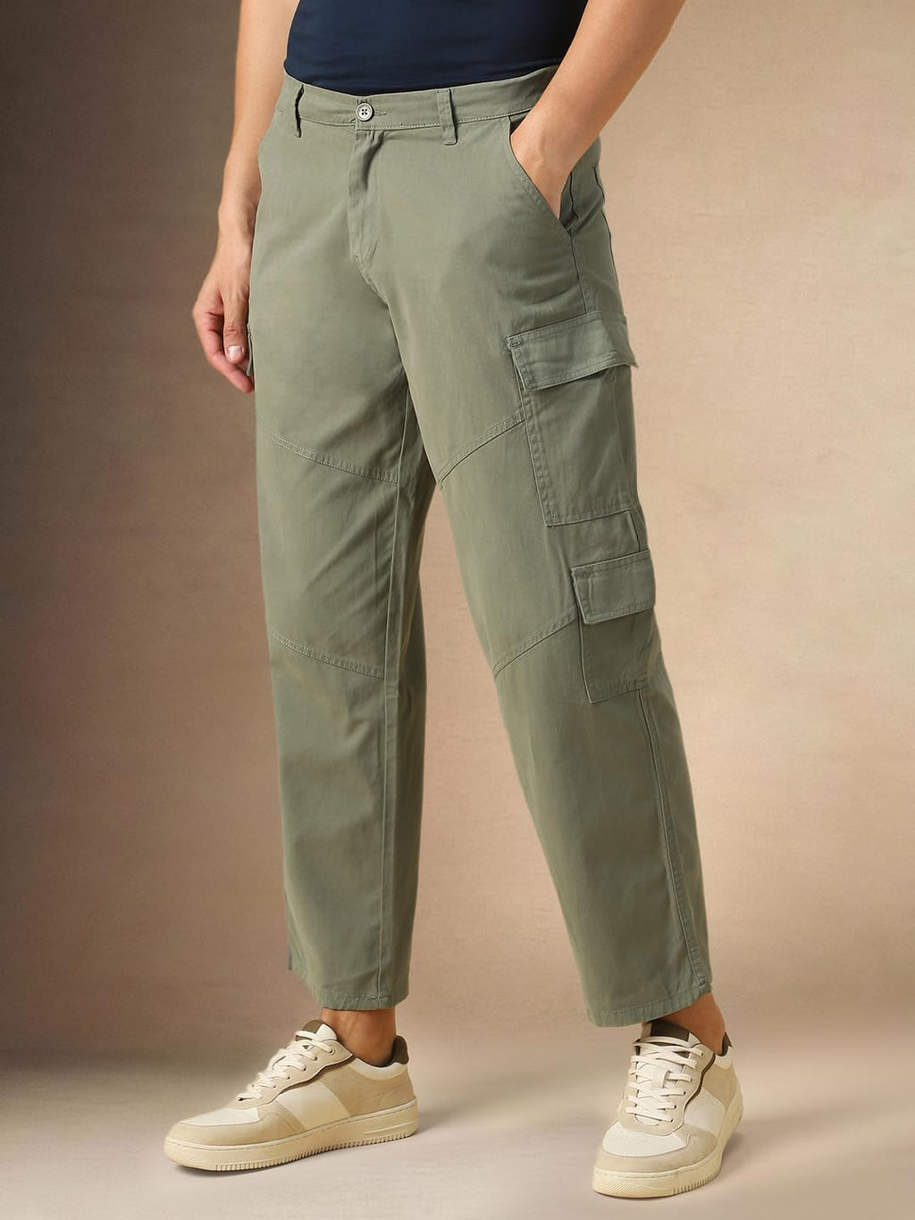 Dennis Lingo Mens Sage Solid Cotton Loose Fit Cargo Trouser
