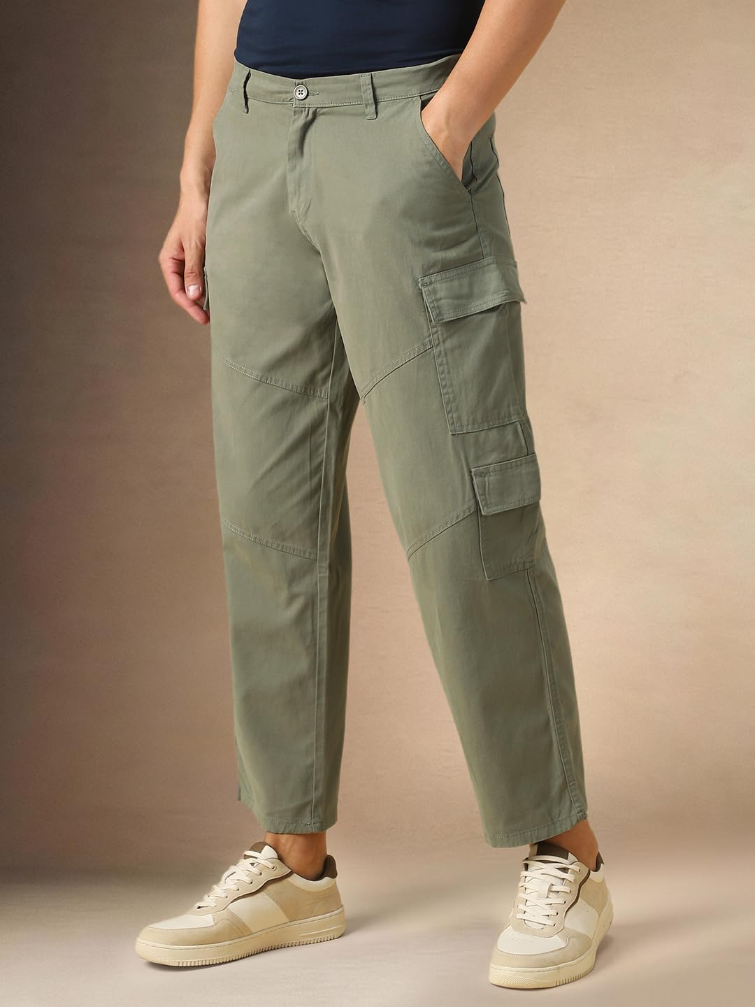 Dennis Lingo Mens Sage Solid Cotton Loose Fit Cargo Trouser