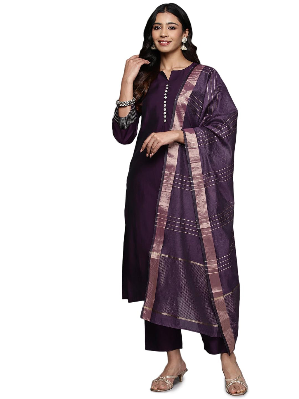 Gerua By Libas Womens Solid Silk Blend Straight Kurta With Trousers And Dupatta
