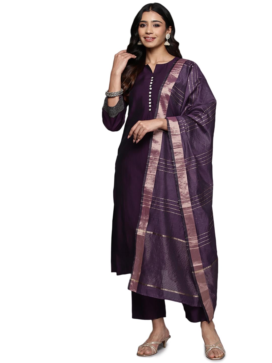 Gerua By Libas Womens Solid Silk Blend Straight Kurta With Trousers And Dupatta