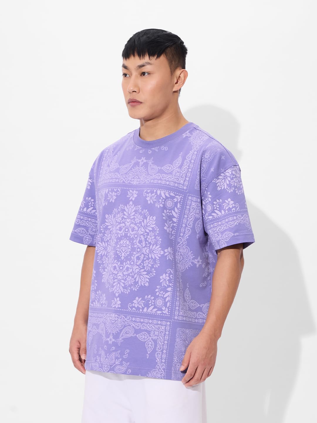 The Souled Store Indie Blue Men and Boys Short Sleeves Round Neck Blue Paisley All Over Printed Cotton Oversized T-Shirts