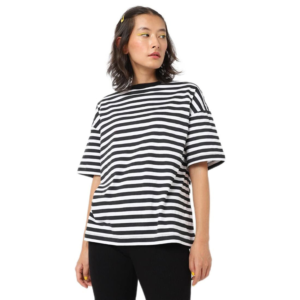 Bewakoof Womens Minion Striped Stripe White Half Sleeve Round Neck T-Shirt