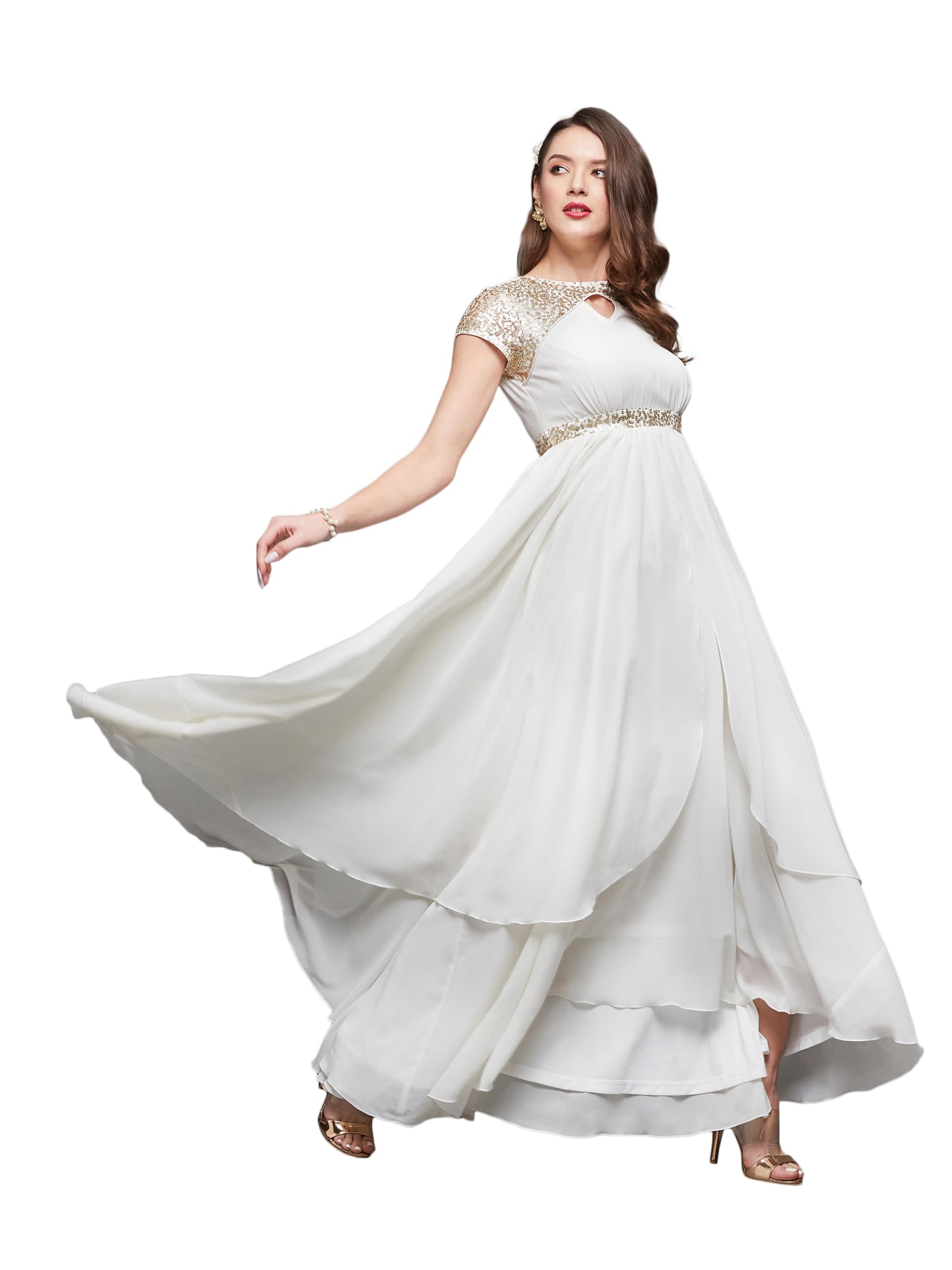 Miss Chase Womens Keyhole Neck Short Sleeve Embellished LayeGeorgette Maxi Dress (MCAW22D99-88-LMF-02, Oat White, XS)