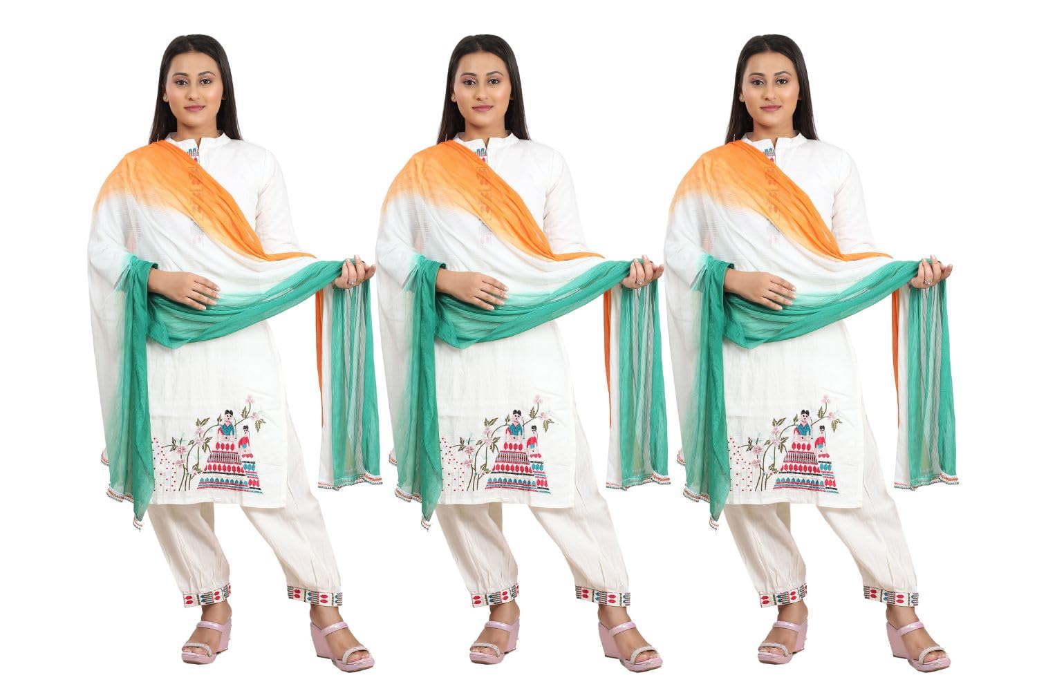 Fabme Women'S Tricolor/Tiranga Dupatta With Golden Work For Republic Day/Independence Day