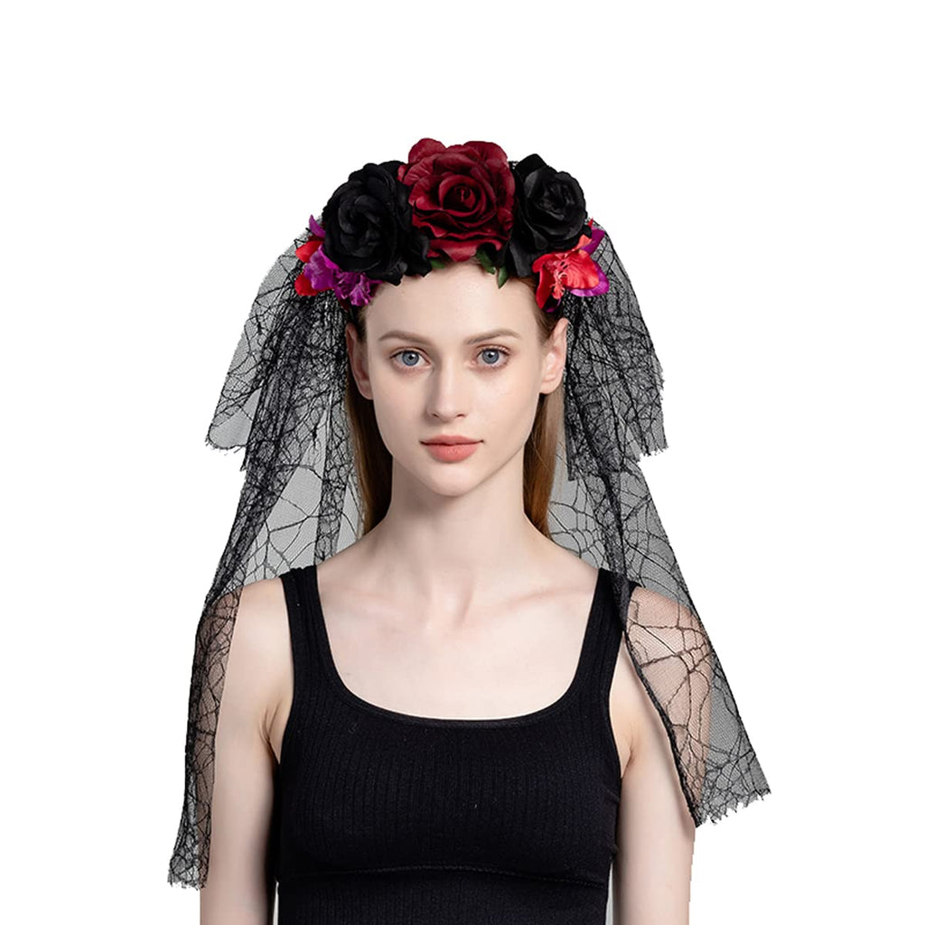 June Bloomy Day of the Dead Headpiece Rose Floral Crown Veil Halloween Costume Mexican Headband (D-Veil Burgundy Black)