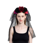 June Bloomy Day of the Dead Headpiece Rose Floral Crown Veil Halloween Costume Mexican Headband (D-Veil Burgundy Black)
