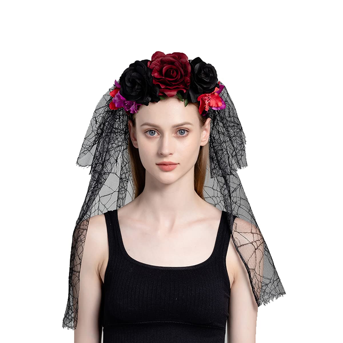 June Bloomy Day of the Dead Headpiece Rose Floral Crown Veil Halloween Costume Mexican Headband (D-Veil Burgundy Black)