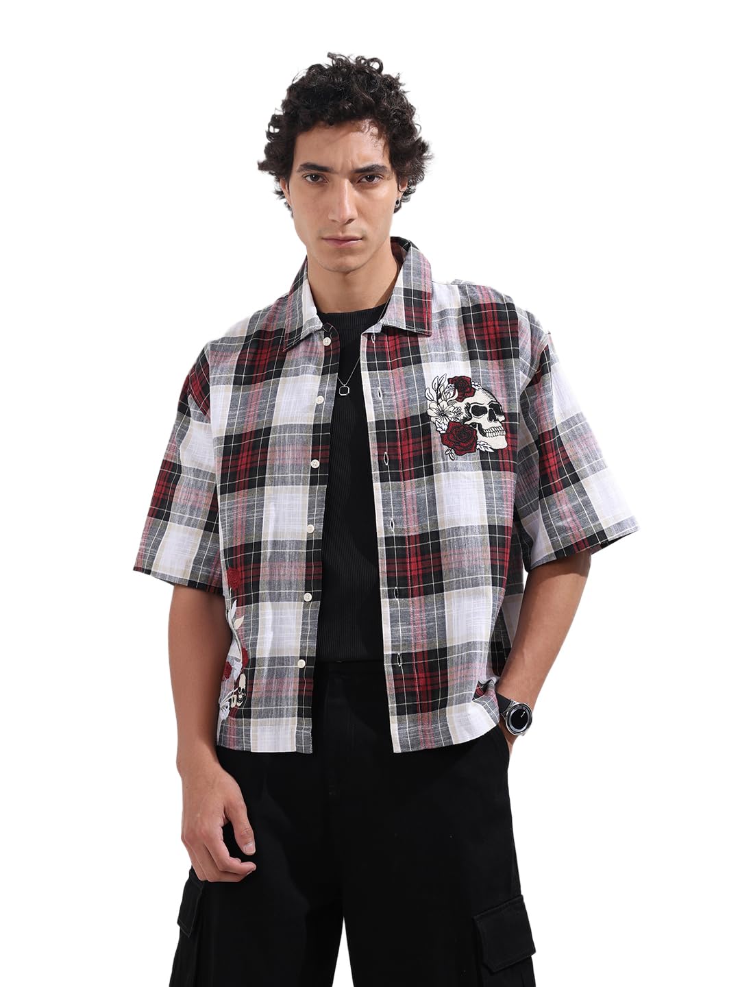 The Indian Garage Co Mens Oversized Checkered Cutaway Collar Half Sleeves Resort Shirt