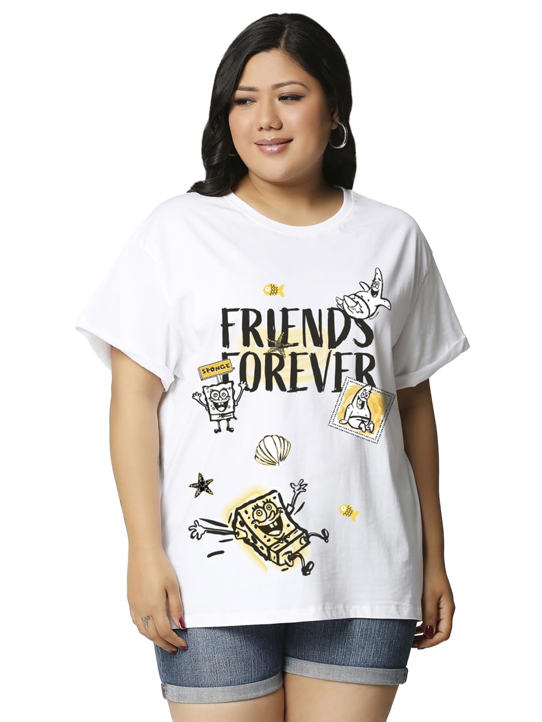 Bewakoof Official Spongebob Merchandise Spongebob Womens Graphic Print Boyfriend Fit Half Sleeve Round Neck Cotton Plus Size T-