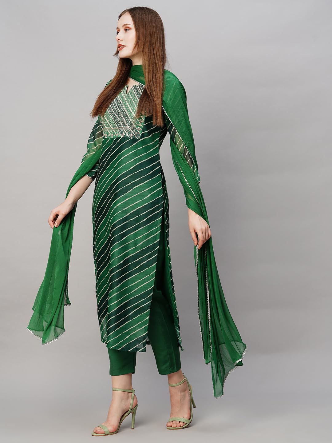 ANNI DESIGNER Womens Georgette Printed Straight Embroidered Kurta with Pant & Dupatta (RUPKLA Mehandi-NW_XXL_Green_XX-Large)
