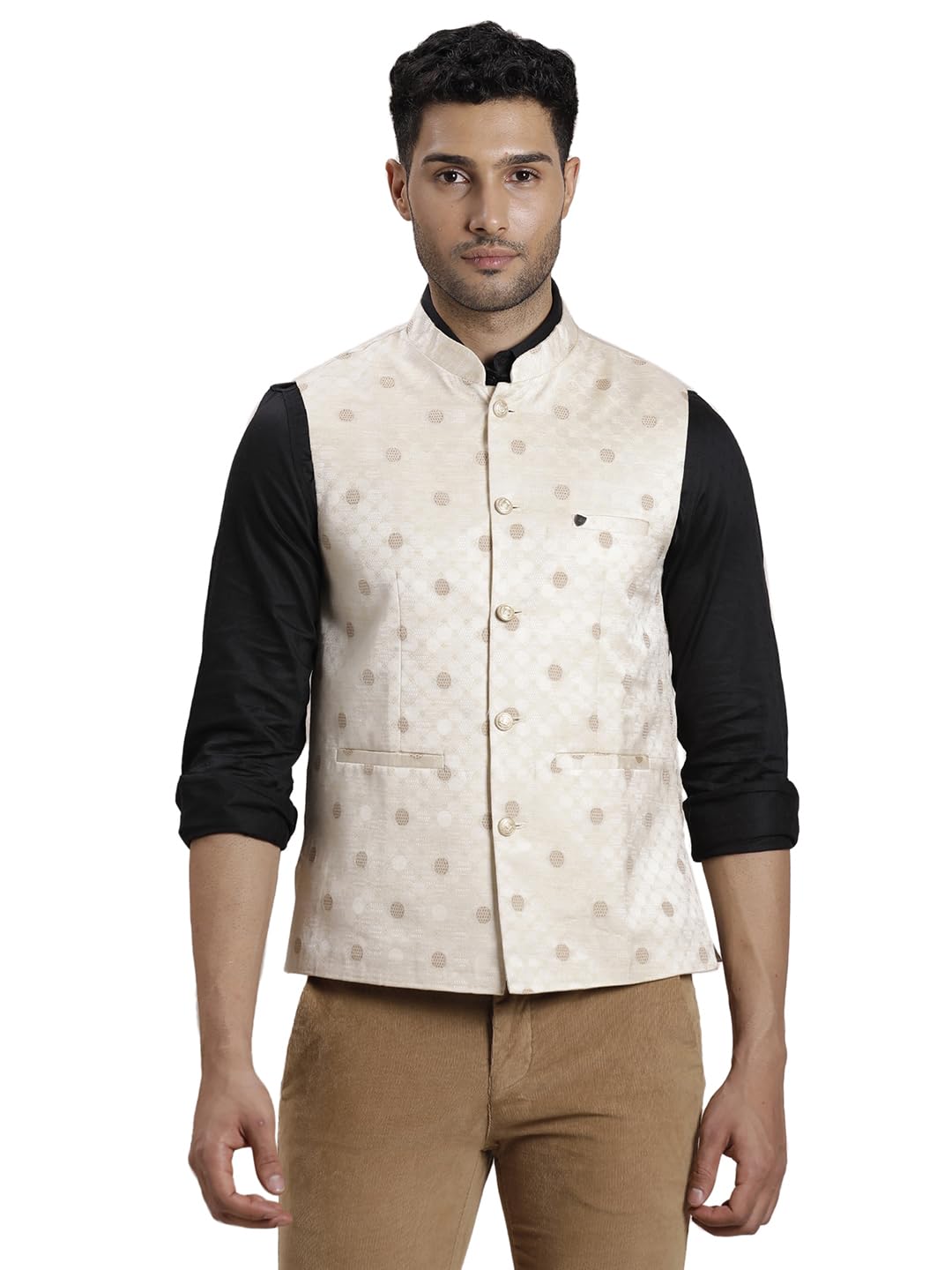 Turtle Men Terry Rayon Self Design Slim Fit Beige Nehru Jacket