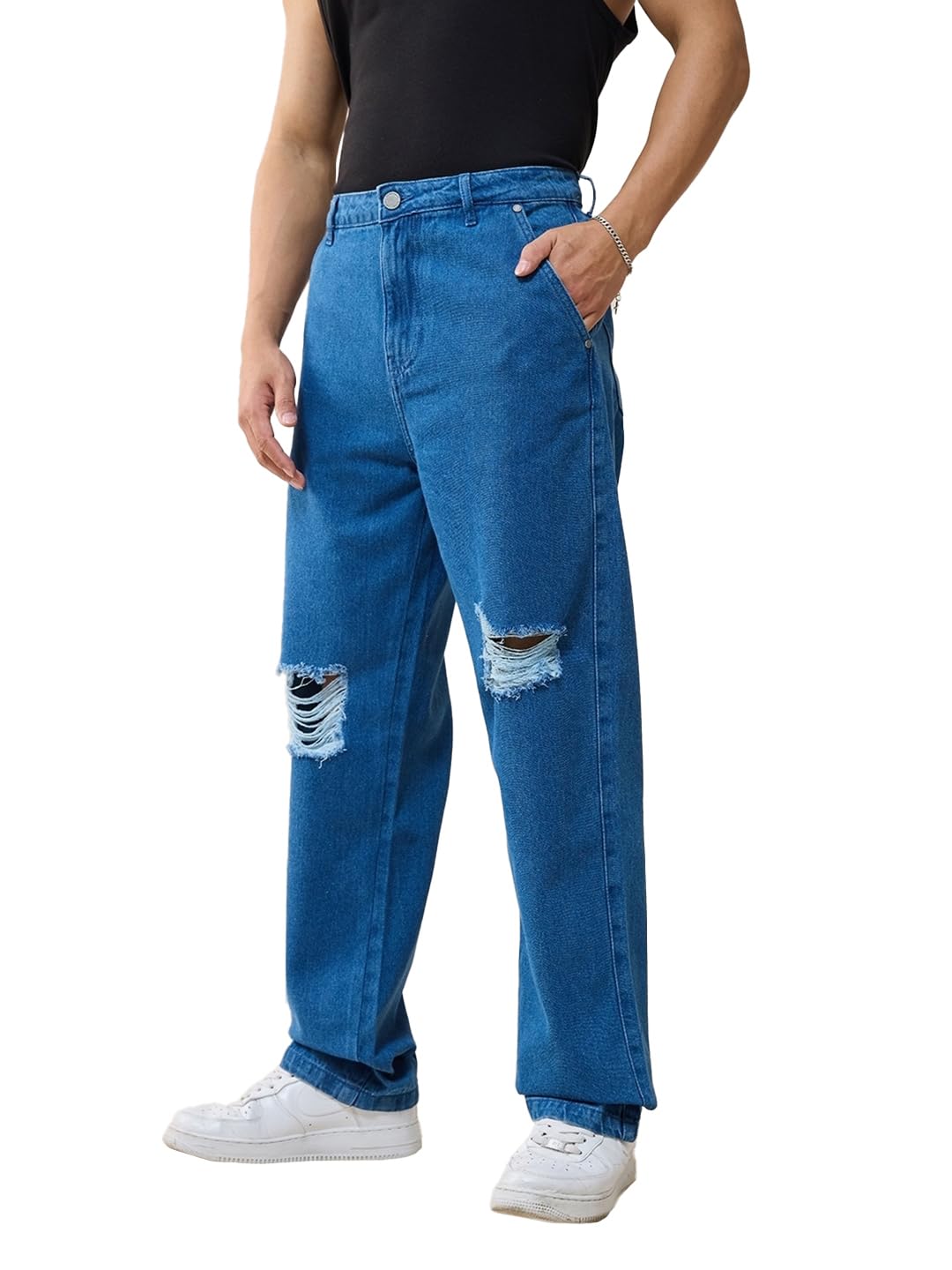 Bewakoof Mens Solid Regular Fit Cotton Distressed Jeans_624672_Blue_34