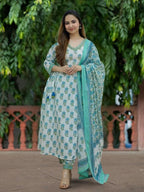Pinkmint WomenS Hevy Cotton Blend Sky Kurta Set L Stitched Printed Dupatta Set L Stylish Women Festival Dress (Pack Of 1)