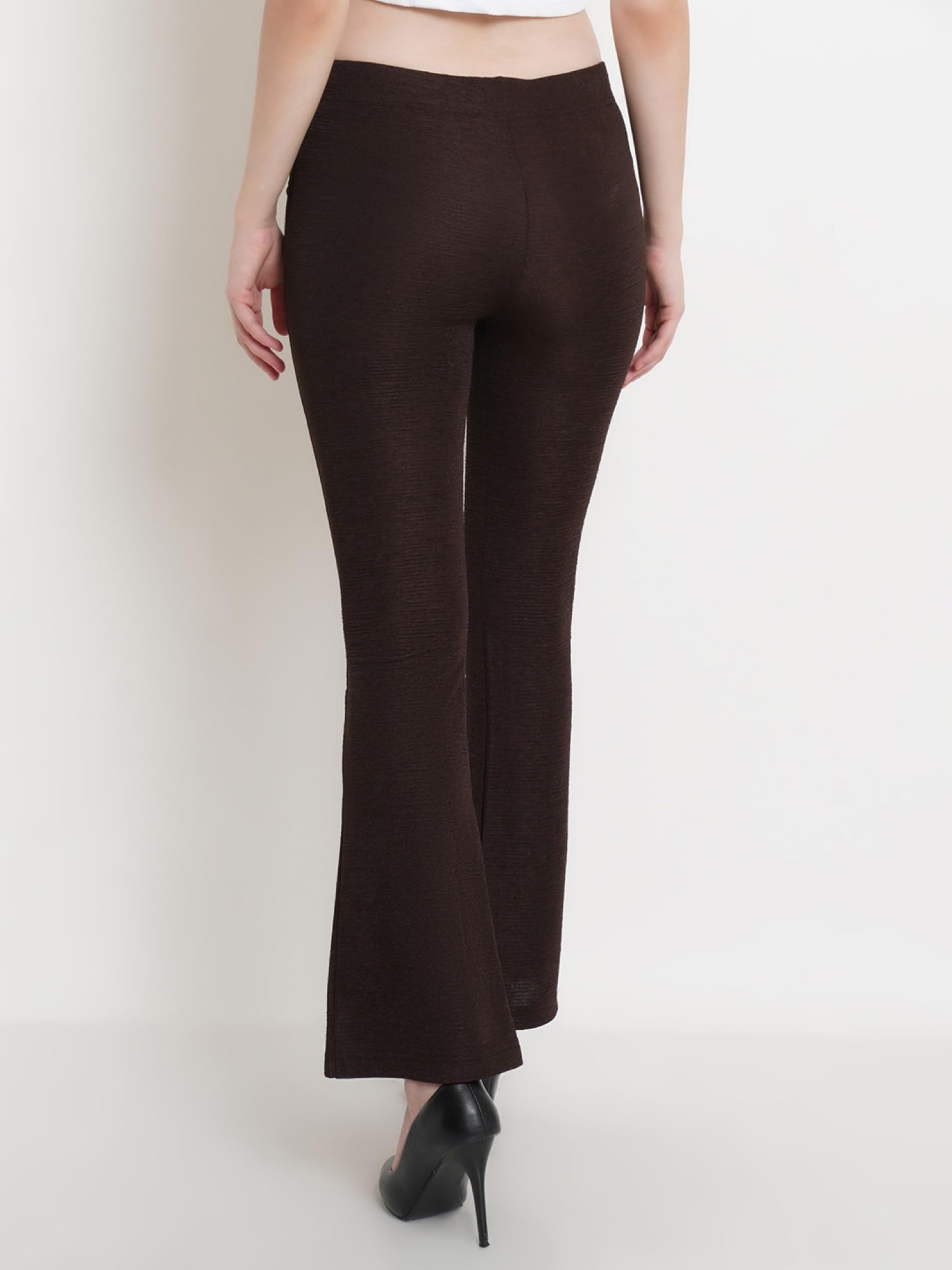 POPWINGS Casual Self Design Crush Bootcut Front Ring Trouser for Women || Pull On Regular Fit Bootcut Women Trouser for Summer |