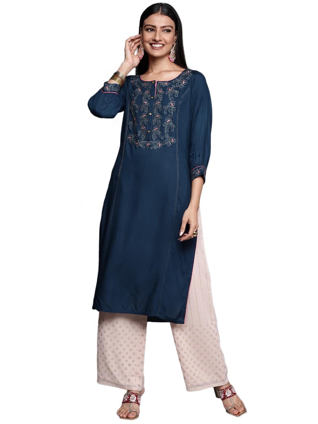 Libas Women'S Rayon Blend Printed Straight Kurta (24067O_Blue