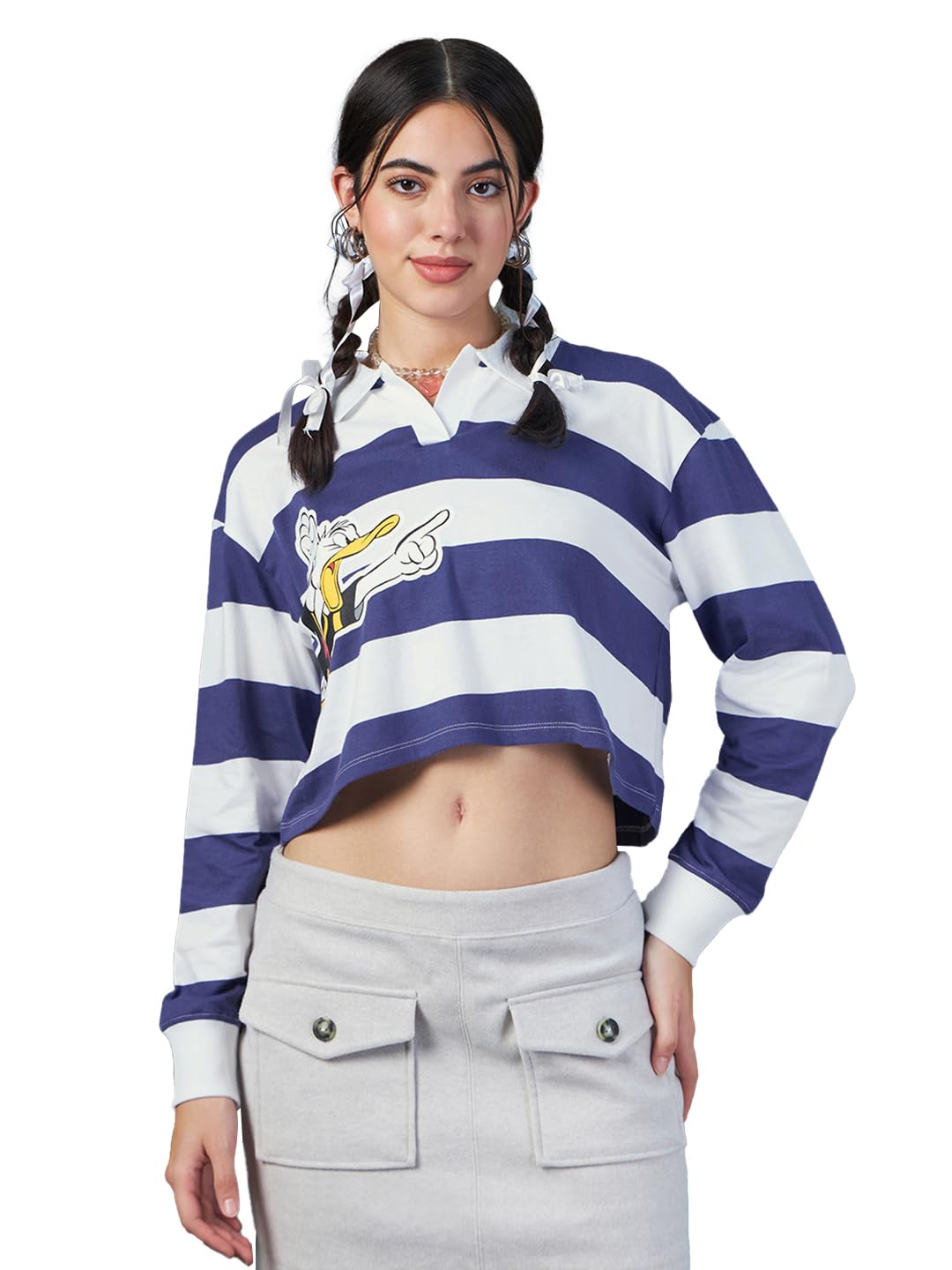 Bewakoof Official Looney Tunes Merchandise Womens Graphic Print Oversized Fit Full Sleeve Polo Cotton Short Top_615094_White_2X