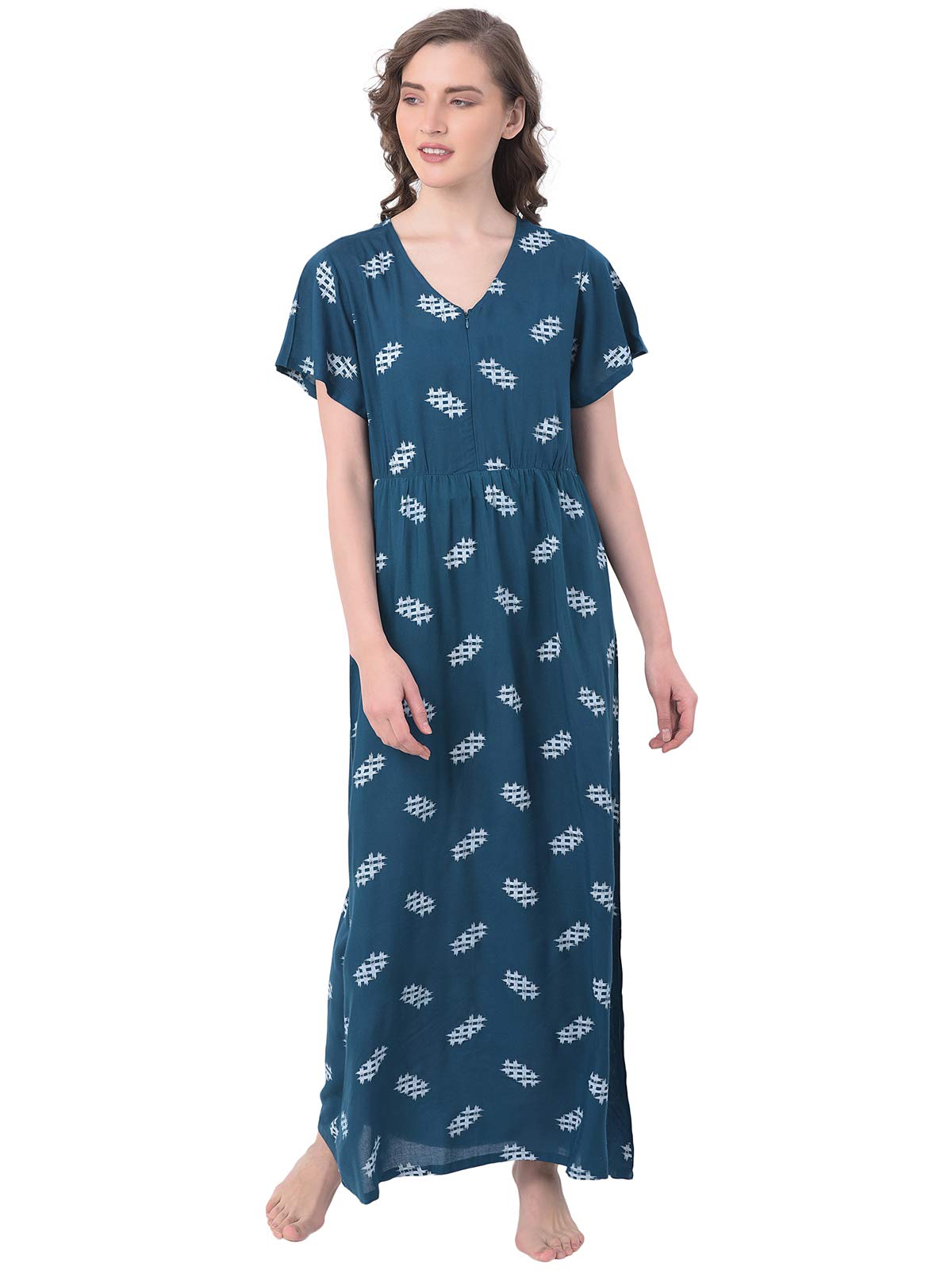 Clovia Womens Cotton Maxi Casual Regular Nightgown (NS1313P36XL_Blue_XL)