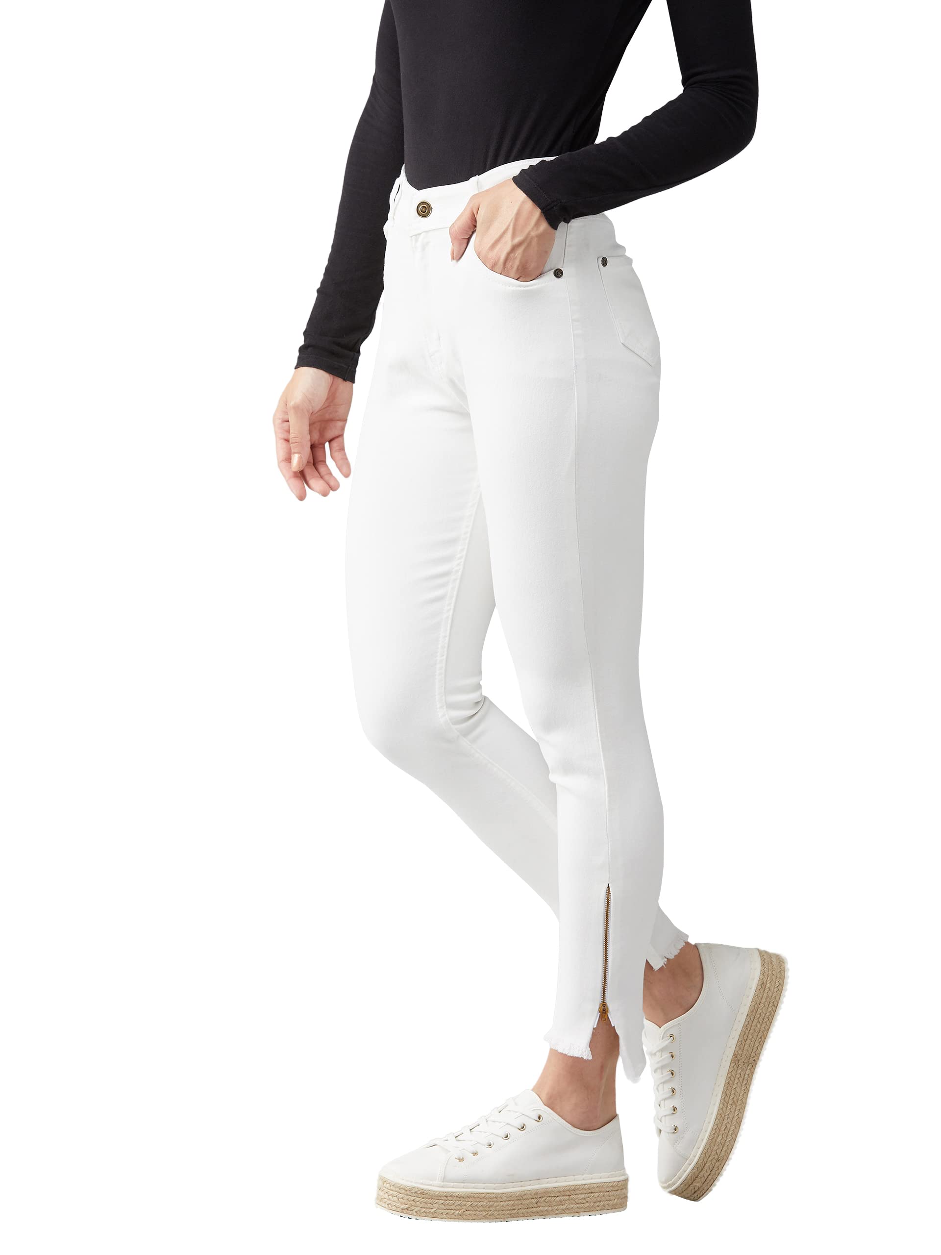 Dolce Crudo Womens White Skinny Fit High Rise Side Slit Raw Edge Detailing Clean Look Cropped Stretchable Denim Jeans (DOSS19DE