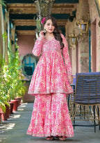 Varanga Women Pink Floral Printed Mirror Work Anarkali Kurta With Sharara And Dupatta