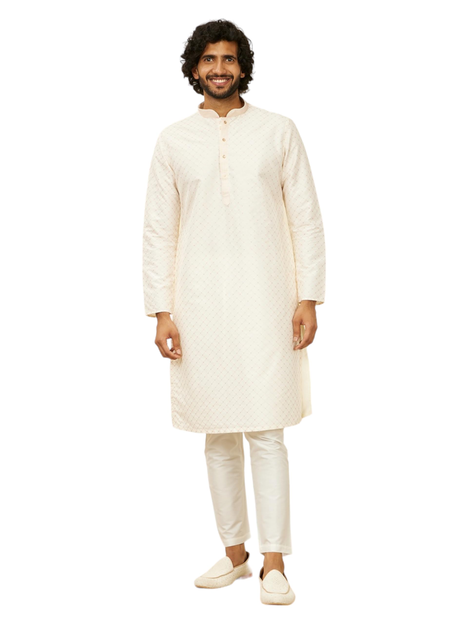 Manyavar Warm White Art Silk Embroidery|Zari|Sequin Work Kurta Pyjama Set for Men