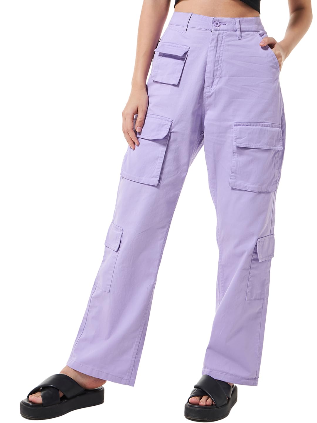 Bewakoof WomenS Solid Oversized Fit Cotton Elastane Cargo Casual Pants_628256_Purple_30