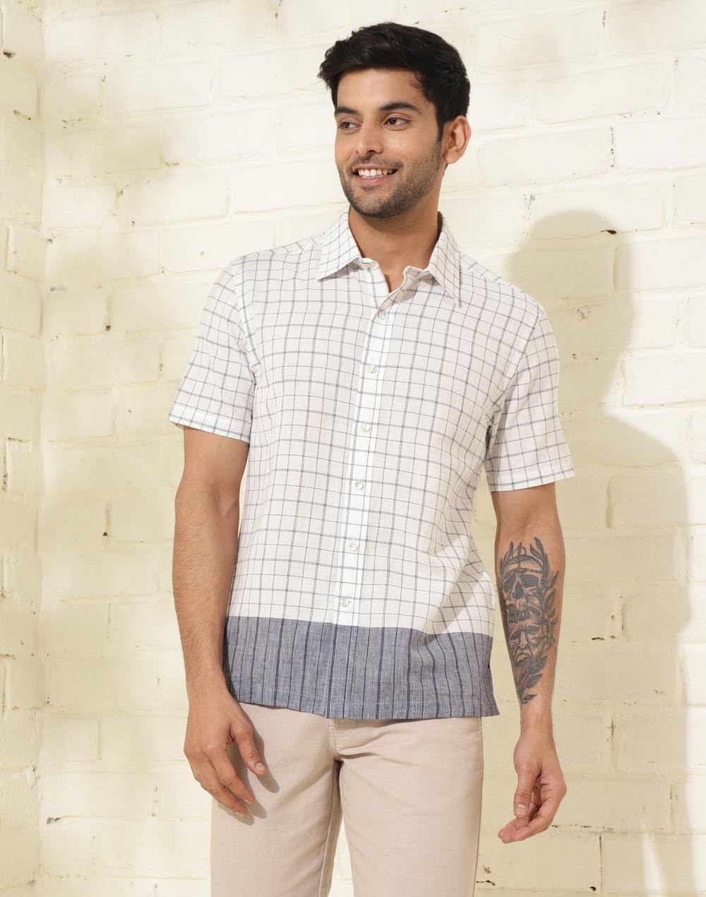 Fabindia Mens Checks Straight Fit Shirt (1035526OFFWHITE_Off White