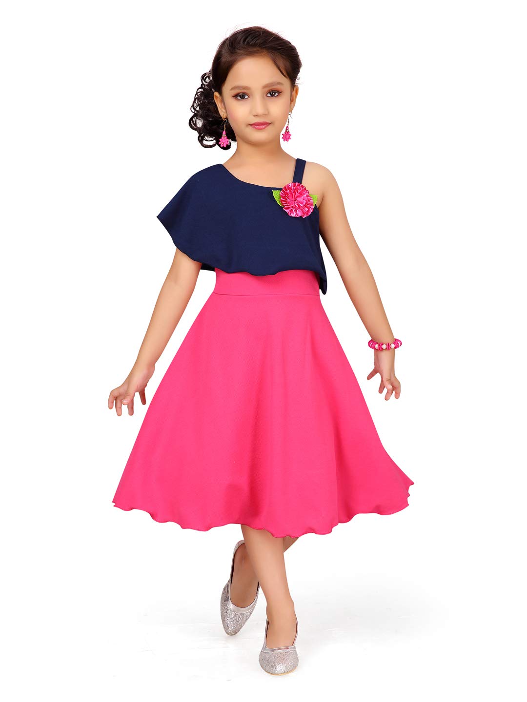 Aarika Girls Cotton Skater Knee-Length Dress (JN_DR-1511_Blue-Pink