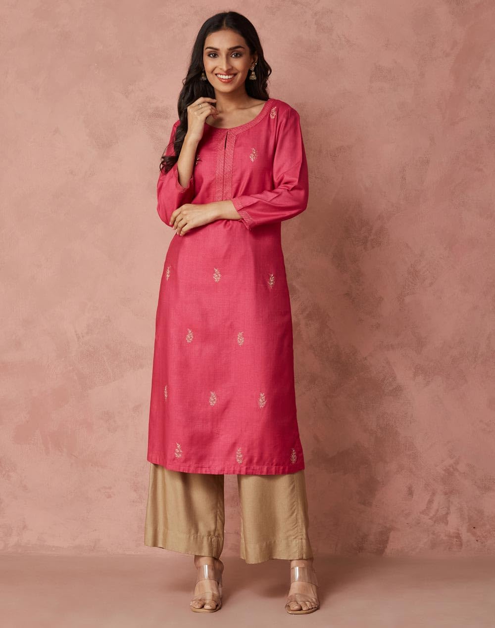 Fabindia Women'S Viscose Silk Embroidered Regular Kurta