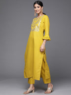 Varanga Women Yellow Yoke Design Kurta With Trousers And Dupatta Set  Embroidered Straight Kurta With Round Collar, Three-Quarte