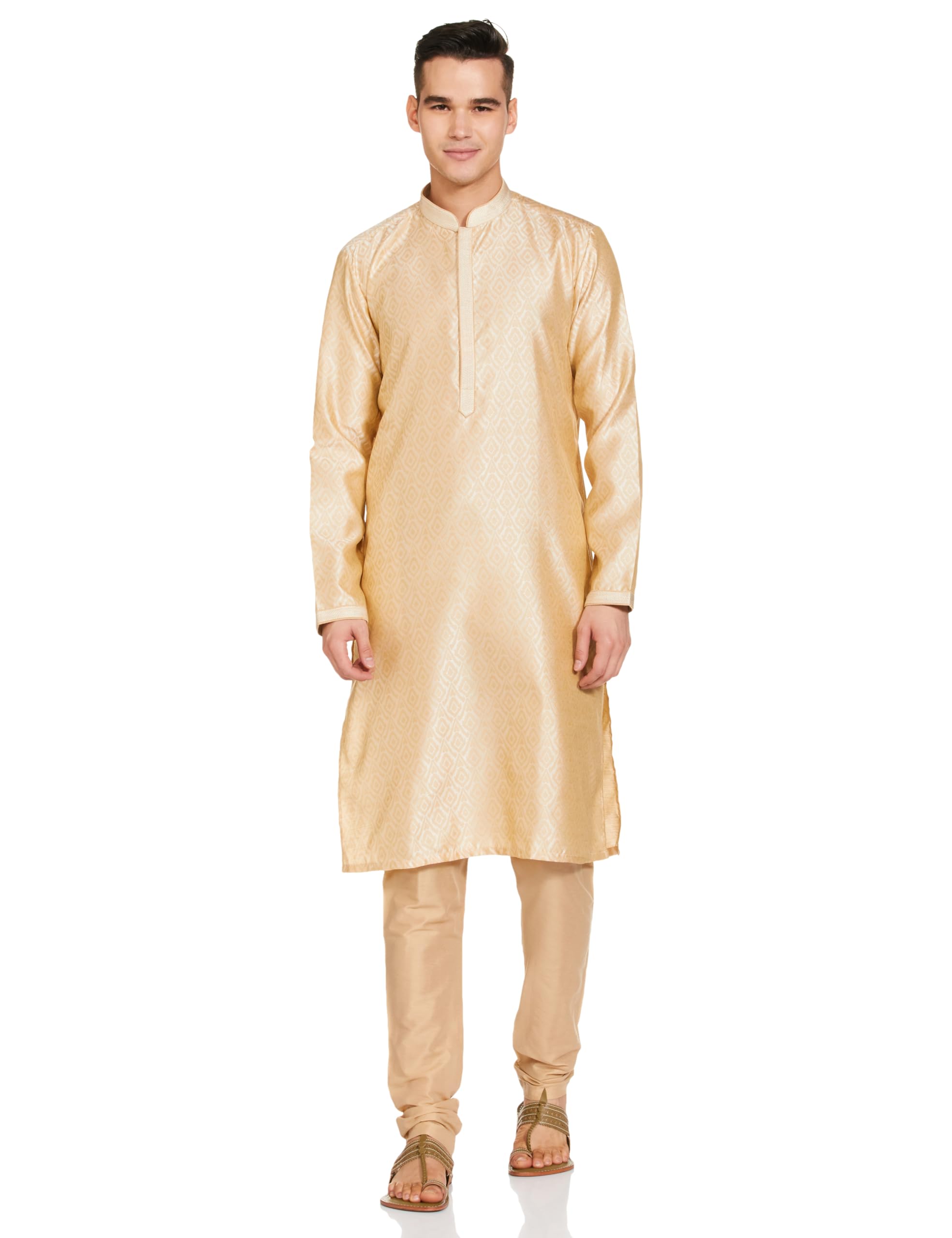 Manyavar Fawn Art Silk Solid Casual Kurta Set For Men