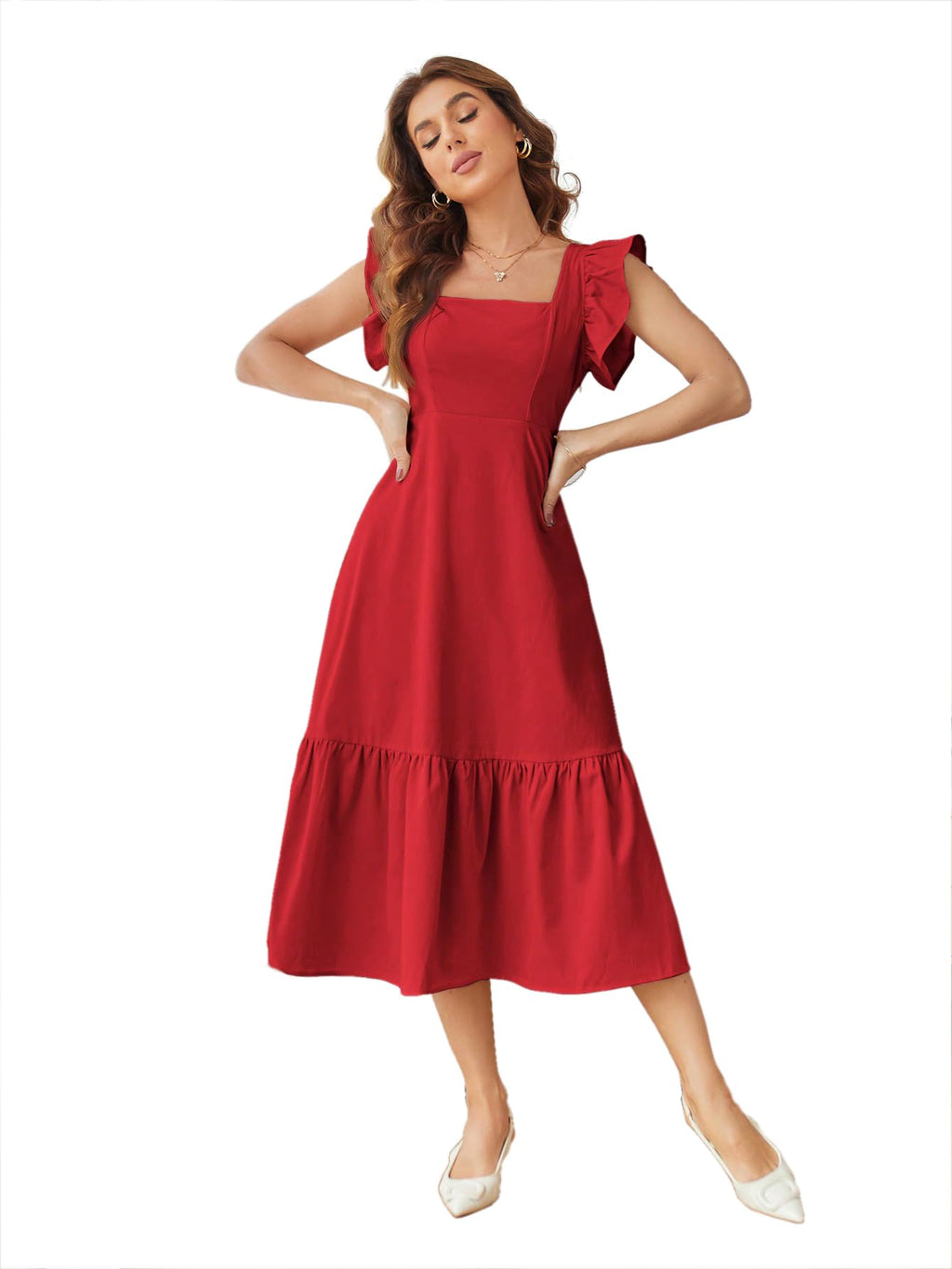 Shasmi GirlS & WomenS Solid Red Color Square Neck, Ruffle-Trimmed Hem Sleeveless, Ruffle Armhole And Casual Dress With Cinched